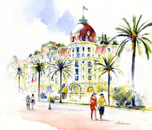 Artist Gilles Durand. 'Negresco In Nice' Artwork Image, Created in 2008, Original Watercolor. #art #artist