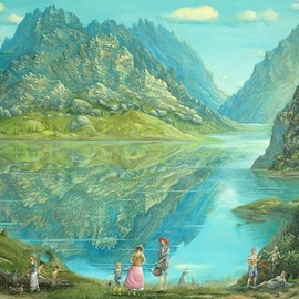Giuseppe  Panto: 'sunday at the lake', 2020 Acrylic Painting, Landscape. Artist Description: Landscape with open views of a lake surrounded by mountains and trees.  Also all people around. ...