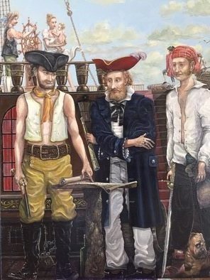 Giuseppe  Panto: 'the plan', 2017 Oil Painting, Family. Part of ancient cargo ship , with crew members , commander and a small family. ...