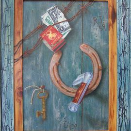 Georgina Love: 'Cowboy Bunkhouse Junk', 2007 Oil Painting, Still Life. Artist Description:  Junk in a bunkhouse!  This trompe l'oeil is a fantastic assortment of texture and color - so real! !  The money is an eye catcher too! Go to my website for a close- up view. ...