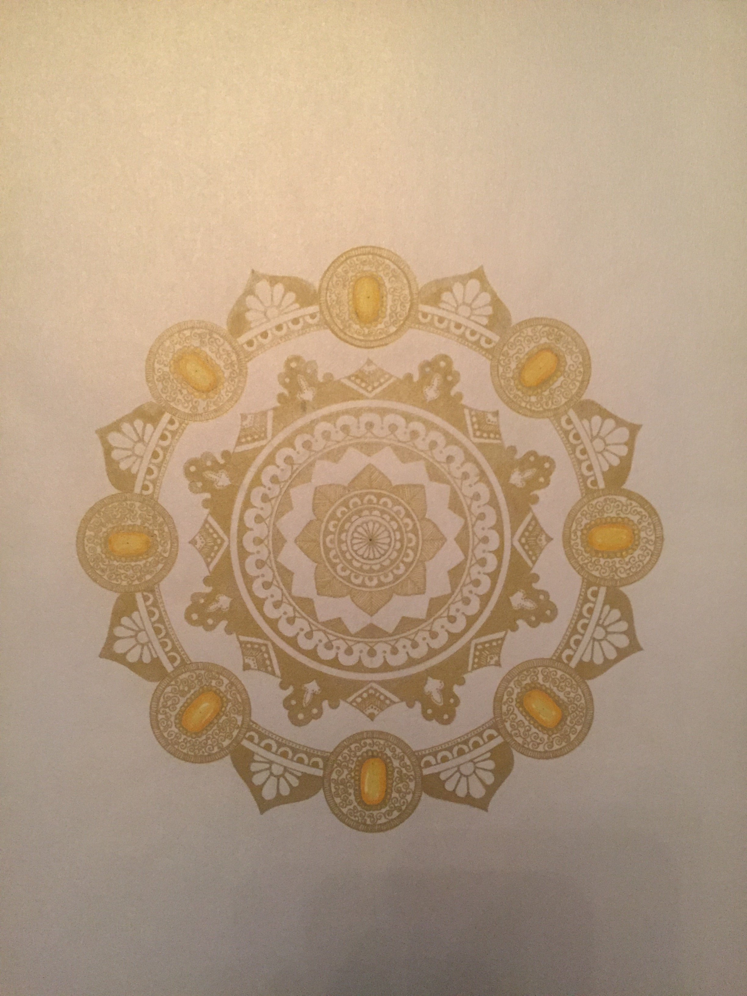 Rabina Byanjankar Shakya: 'heavenly jewel', 2017 Other Painting, Buddhism. The mandala is made with gold gel pen on white glittery metallic paper. The paper size is A4. Frame is not included in the price. White is often considered a pure and heavenly. The mandala has been inspired by the several depiction of heaven as per Buddhist and Hindu traditions. ...