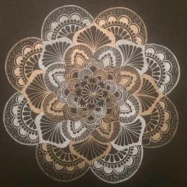 Rabina Byanjankar Shakya: 'spiral flow', 2017 Other Painting, Floral. Artist Description: Smooth flowing floral patterns with spiral effect hand drawn. Represents prosperity expanding in unison with purity of ones thoughts and actions. Gold and white ink on black A4 size paper. ...