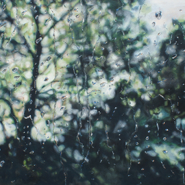 Sarah Beth Goncarova: 'Rain drops on Studio Window', 2011 Acrylic Painting, Abstract Landscape. Artist Description:  This painting was inspired by the rain I wanted to freeze a moment in time and how the raindrops on my studio window looked in that single second. In each raindrop is a warped mirror image of the trees beyond, sometimes so tiny that it is just a ...
