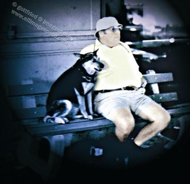 Artist Gottfried In Berlin. 'Dog With Man, At Night' Artwork Image, Created in 1981, Original Photography Color. #art #artist