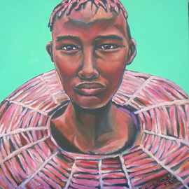 Grace Liberator: 'Yes I Am Here', 2007 Oil Painting, Portrait. Artist Description:   Portrait of African Woman with Weding Necklace.  People Portrait with beautiful pinks, light oranges....