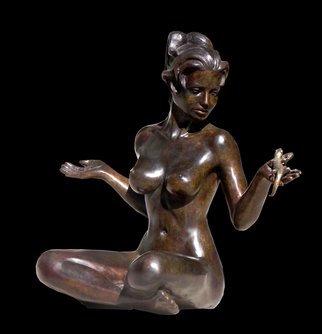 Frederic Clerc-renaud: 'Miss Twenty and Salamander secret', 2010 Bronze Sculpture, Figurative.  figurative bronze sculpture representing  20 year old lady asking the Salamander its secret for eternal youth. ...