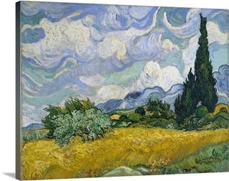 Andrew Giffen: 'wheat field and cypresses', 2018 Oil Painting, Botanical. towering trees, blue sky, wheat...