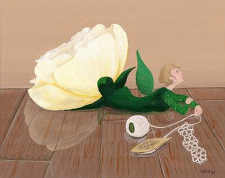 Kathi Day: 'Gallery Faerie', 2006 Acrylic Painting, Fantasy.  Tatting shuttle, thread and lace accompany a stuffy floral still- life Gallery Faerie. Reflections show in the slightly lumpy, polished wooden surface. ...