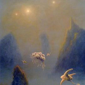 Ivan Grozdanovski: 'tri sestre ', 2011 Oil Painting, Space. Artist Description:   Daleki svetovi- ( Trojni zvezdani sistem na horizontu hipotetskog planeta)               ...