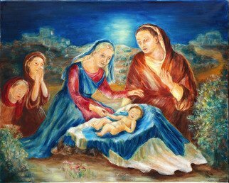 Hana Grosova: 'Holy Night', 2006 Oil Painting, Biblical.  This picture is painted in accordance with Bible and it shows Jesus with Maria and Joseph in the night landscape. There are also two prey persons. ...