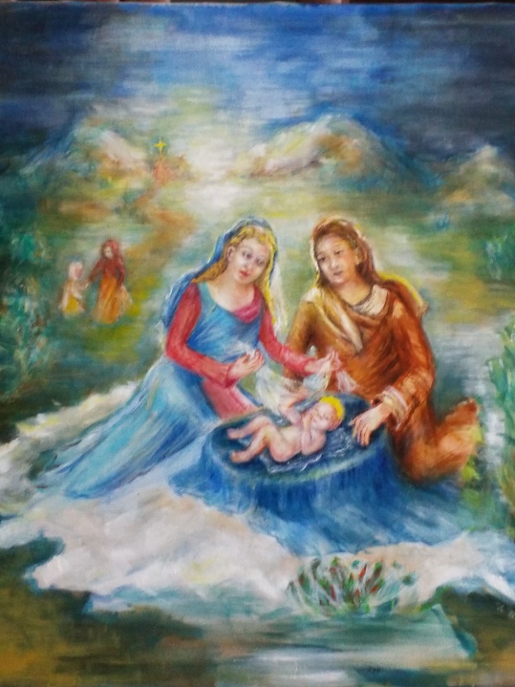 Hana Grosova: 'Holy family in the landscape', 2023 Oil Painting, Biblical. Oil painting on canvas, Jesus Marie Joseph in the landscape rosks and trees around...