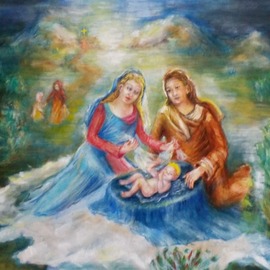 Hana Grosova: 'Holy family in the landscape', 2023 Oil Painting, Biblical. Artist Description: Oil painting on canvas, Jesus Marie Joseph in the landscape rosks and trees around...