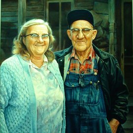 Hans Droog: 'Homer and Oki', 1999 Oil Painting, Portrait. Artist Description:  Portrait of an elderly couple in front of their home in central Missouri. ...