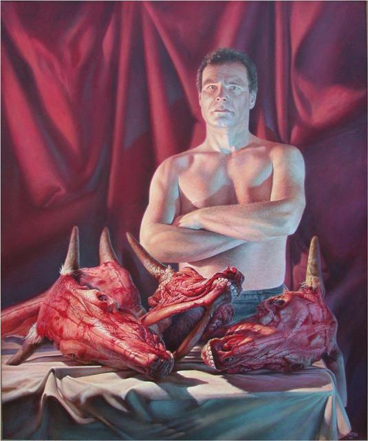 Artist Hans Droog. 'Self Portrait With Slaughtered Cow Heads' Artwork Image, Created in 1996, Original Painting Oil. #art #artist