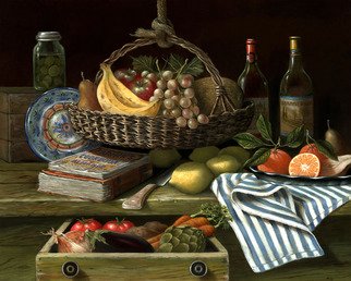 Nicolo Sturiano: 'farm fresh', 2018 , Still Life. H. Hargrove has created a glorious still life featuring a century old farm table topped with farm fresh, locally grown vegetables, a hand- woven basket filled with delicious fruit and the tried and true cookbook filled with favorite recipes that have been used year after year. ...