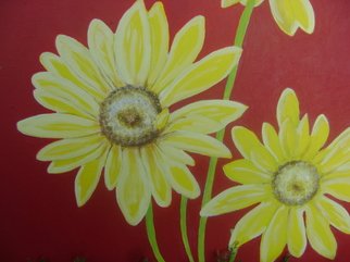 Helen Hachmeister: 'yellow flowers', 2008 Acrylic Painting, Floral.  yellow daisies with red background ...