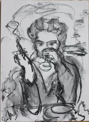 Elena Zhogina: 'A glass of wine and a cigarette', 2012 Charcoal Drawing, People.  woman, wine, cigarette  ...