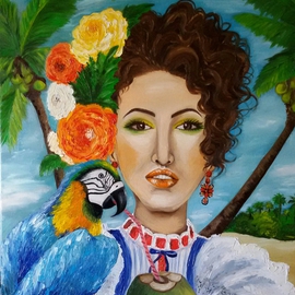 Helen Bellart: 'Caribbean woman ', 2015 Oil Painting, Beach. Artist Description:  caribbean girl, caribe, beach, parrot lady, woman, figurative, contemporary art, artwork,        Original painting - Format: 73cmx 60cm - oil on canvas, stretched on a wooden frame - The work is signed on the front and back. - Sealed with protective lacquer. The painting is a beautiful piece of painter Helen Bellart 