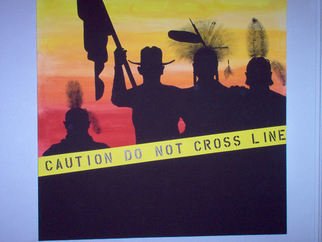 Helen Smoker Martin: 'NDNs Behind the Lines', 2006 Acrylic Painting, Culture. STOLEN FROM MURPHY, NC HOME. IF YOU SEE THIS PAINTING PLEASE CALL MURPHY, NC POLICE DEPT. 828- 837- 2589Comment on the absurdity of roping off pow wow arenas ( to keep us in, or to keep you out? ) when the pow wow itself has always been and will contintue to ...