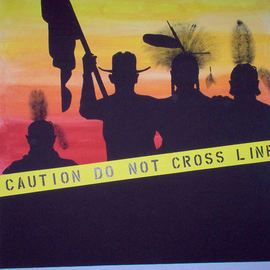 Helen Smoker Martin: 'NDNs Behind the Lines', 2006 Acrylic Painting, Culture. Artist Description: STOLEN FROM MURPHY, NC HOME. IF YOU SEE THIS PAINTING PLEASE CALL MURPHY, NC POLICE DEPT. 828- 837- 2589Comment on the absurdity of roping off pow wow arenas ( to keep us in, or to keep you out? ) when the pow wow itself has always been and will ...