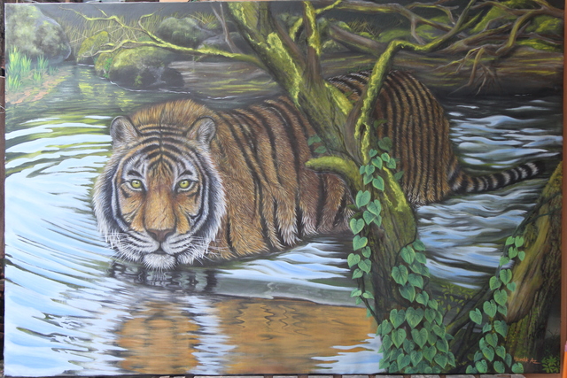 Hendik Azharmoko  'Tiger In Water', created in 2017, Original Painting Oil.