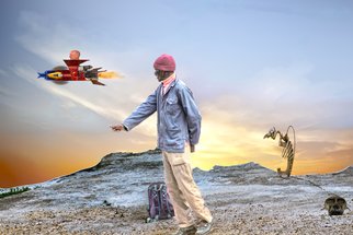 Herman Van Bon: 'the hitchhiker', 2016 Digital Photograph, Surrealism. Composite photo of a hitchhiker across the road together with a few sculptures of local artist Uhlrich Riek and in the  spaceship  you see recycle artist Jan Vingerhoets from Baardskeerdersbos. The spaceship is assembled of different elements in his own scrapyard.  in black frame ...