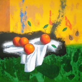 Osvaldo Herrera Graham: 'Naranjas para Cezanne', 2010 Acrylic Painting, Still Life. Artist Description:   Surrealist still life  ...