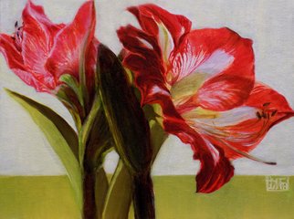 H. N. Chrysanthemum: 'Amaryllis', 2018 Oil Painting, Floral. original oil painting, amaryllis, red, green...