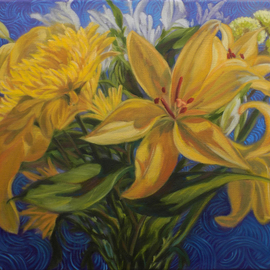 H. N. Chrysanthemum: 'Flowers XII', 2018 Oil Painting, Floral. Artist Description: original oil painting, flowers, floral, lily, lilies, chrysanthemum, yellow, blue...