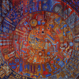Hannes  Hofstetter: 'brave new world ii', 1994 Other Painting, Technology. Artist Description: Hannes Hofstetter  Brave New World IIaEURoe, 1993270 x 300 cm, mixed media on canvas, for transport 6 Parts , 135 x 100cmEVOLUTION OF TECHNOLOGY  acceleration Hand ax, spear, bow and arrow, digging stick, hoe, plow, ax, wheel, fishhook, harpoon, net, dugout, paddle, rudder, ladle irrigation, baler, hammer, ...