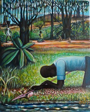 Hampton  Olfus : 'working playing and praying', 2020 Acrylic Painting, Ethnic. This art work is a visual of what animals on all levels do, in some form or another. The female s work is never done, while the male mixes his duties, and the youths of all species play....