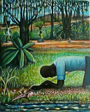 Hampton  Olfus : 'working playing and praying', 2020 Acrylic Painting, Ethnic. This art work is a visual of what animals on all levels do, in some form or another.  The female s work is never done, while the male mixes his duties, and the youths of all species play. ...