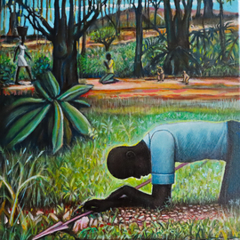 Hampton  Olfus : 'working playing and praying', 2020 Acrylic Painting, Ethnic. Artist Description: This art work is a visual of what animals on all levels do, in some form or another.  The female s work is never done, while the male mixes his duties, and the youths of all species play. ...