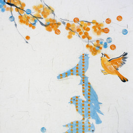Hong Liu Sertti: 'Spongtaneous and rational', 2011 Other Painting, Birds. Artist Description:  Foil, pigment, rice paper mounted on canvas,  ...