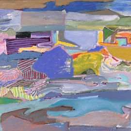 Howard Brotman: 'A horse with no name', 2017 Oil Painting, Abstract Landscape. Artist Description: A Horse with No Name - - A colorful landscape of walls, bridges, fields, accented by patterns and color values.  Note, in the room simulation image the ratio of the art to the objects in the picture may not be accurate.  The actual art size may vary from its depiction. ...