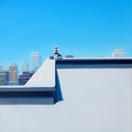 Hugo Pondz: 'King of the Word', 2014 Oil Painting, Cityscape. Artist Description: On the wall of a roof, a child is riding a bicycle, gazing at the downtown....