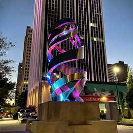 Hunter Brown: 'helios', 2021 Steel Sculpture, Abstract. Artist Description: Helios is a contemporary stainless steel sculpture designed and commissioned for the City of Little Rock. The piece marks the geographic center of Arkansas and sits on the same block with a piece by the renown sculptor, Henry Moore. ...