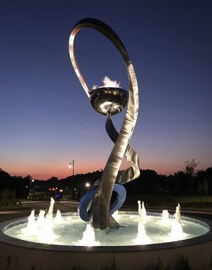 Hunter Brown: 'stellar', 2020 Steel Sculpture, Abstract. Modern stainless steel water feature sculpture with polished hemisphere which fixtures a massive fire burner. ...
