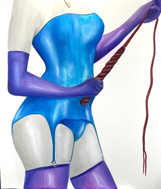 Ian Mckillop: 'the ice maiden awaits', 2022 Oil Painting, Erotic. Often the clothing or material can have a very sensual effect. Here the type of material combined with the colour of the latex echoes the  cool and uncompromising  attitude of the model in charge...