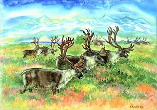 Igor Moshkin: 'reindeers in the arctic', 2008 Watercolor, Wildlife. Artist Description: watercolor, paper, wildlife, green and blue,  Reindeers in the Arctic , summer, north, forest landscape, grass, mountains, glacier...