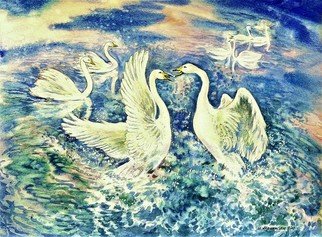 Igor Moshkin: 'swans in the arctic', 2005 Watercolor, Wildlife. Artist Description: atercolor, paper, wildlife, green and blue, Swans in the Arctic, summer, north, seascape, wild birds, swans...