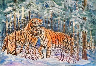 Igor Moshkin: 'tigers in the winter forest', 1998 Watercolor, Wildlife. watercolor, paper, wildlife, green and blue,  Tigers in the winter forest winter, forest, orange tiger, wild cat...