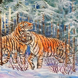 Tigers In The Winter Forest, Igor Moshkin