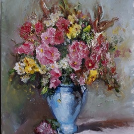 Igor Navrotskyi: 'flowers in a blue vase', 2022 Oil Painting, Floral. Artist Description: Oil on canvas...
