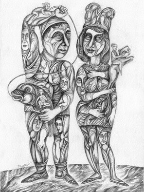 Igor Gorban: 'happycatch', 2022 Pencil Drawing, Communication. It is a black and white drawing of two people holding a large fish. The two people are standing side by side and facing the viewer. The person on the left is wearing a hat and a vest, and the person on the right is wearing a dress and a ...