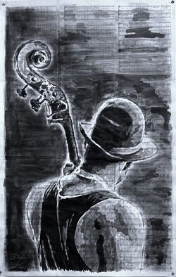 Ihor Chabanov: 'musician in a hat', 2022 Ink Painting, Music. The picture is painted in acrylic paints on old glued musical pages. ...