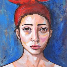 Daniel Jaen: 'upset girl with red kerchief', 2015 Oil Painting, Figurative. 