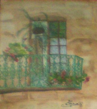 Eve Co: 'Geranium Balcony', 1996 Watercolor, Architecture. Artist Description: Geranium Balcony   24