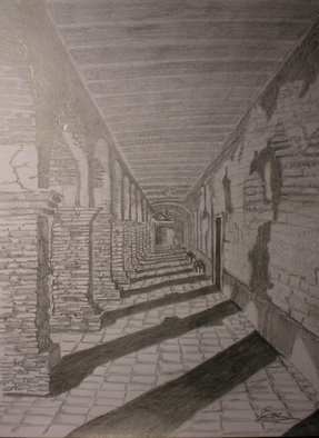 Eve Co: 'San Juan Capistrano Mission Dark Hallway with Arches', 2009 Pencil Drawing, Architecture.   San Juan Capistrano Mission Dark  Hallway with Arches11 x 8 1/ 210- 13- 2009My friend Cameron sent me a few pictures from San Juan Capistrano, in California, United States and told him I would do a few drawings from his pictures that he had took.  This is...