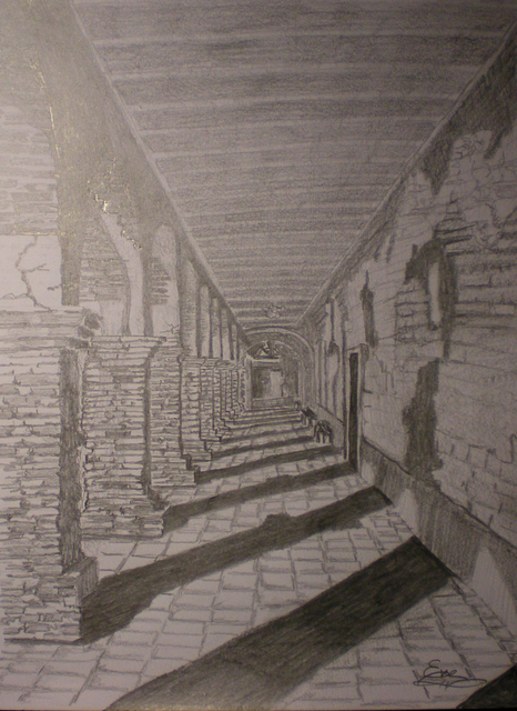 Eve Co  'San Juan Capistrano Mission Dark Hallway With Arches', created in 2009, Original Painting Oil.